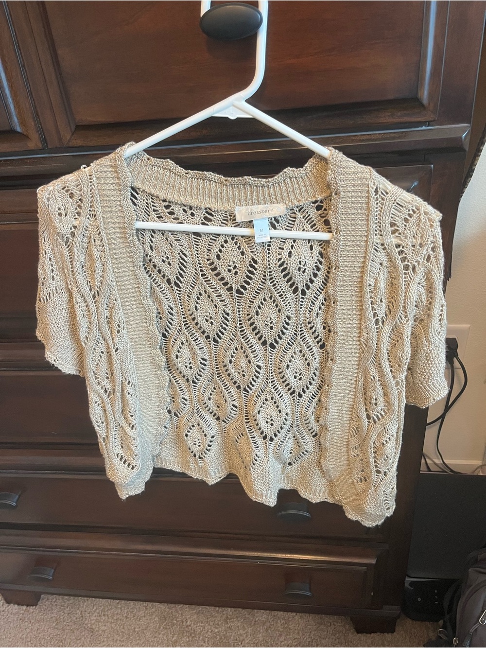 dressbarn Open-Knit Short Sleeve Shrug in Beige